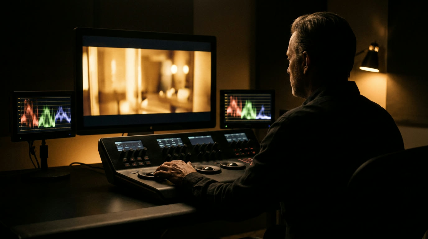 Sala de color grading — direção humana